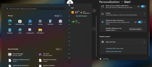 Microsoft тестирует новое меню Пуск Windows 11 с плавающими виджетами